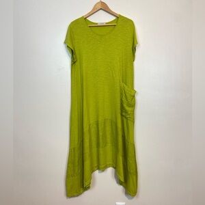 SAGA Made in Italy Lime Green Asymmetrical Cotton and Linen Blend Midi Dress